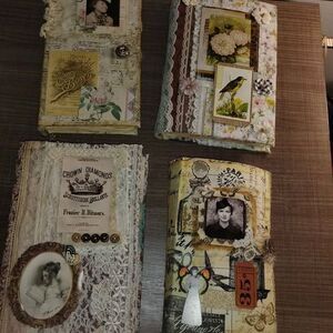 4 handmade junk journals. Neutral colors, vintage themed